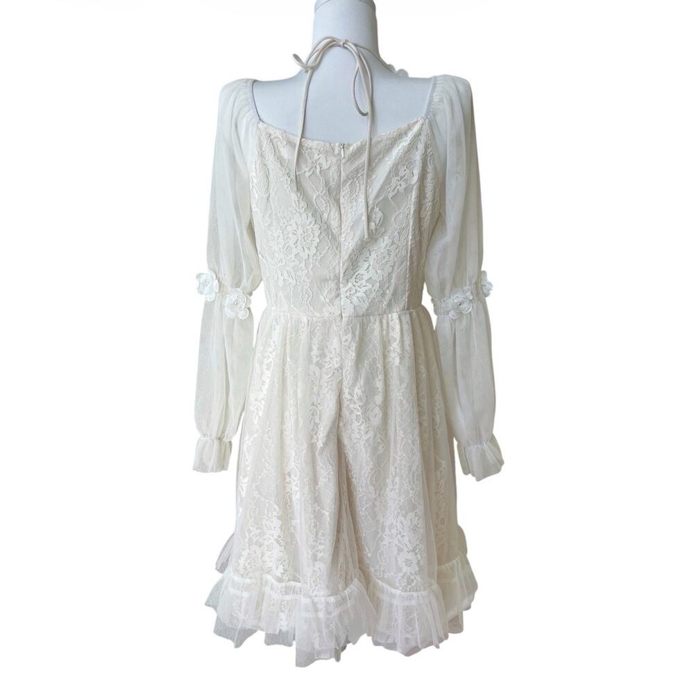 Cottagecore Ivory Lace Dress Long Slv Rosettes Regency Sz M Tulle Pleated Fairy - Picture 3 of 9